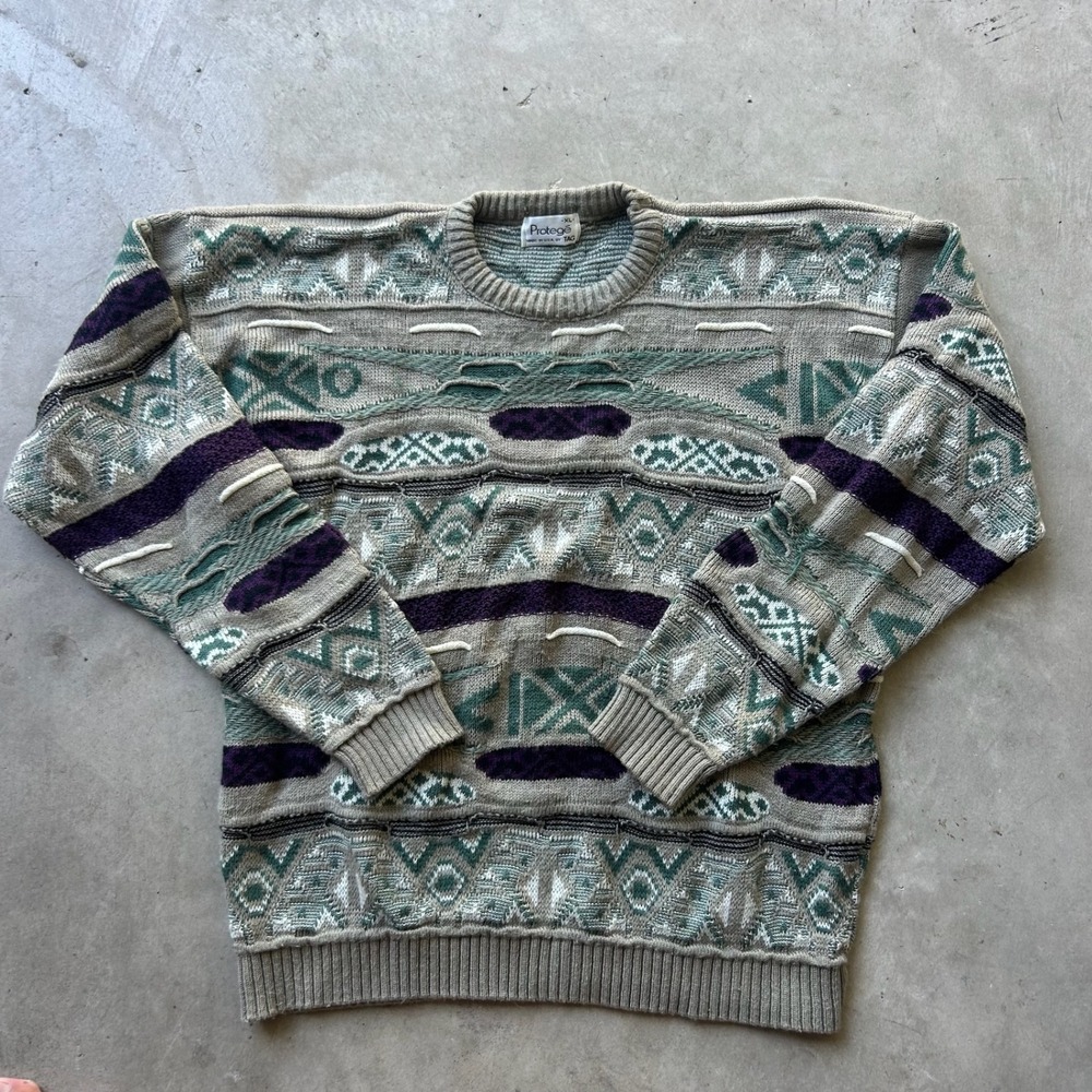 Vintage Protege Coogi Style 3D Knit Sweater XL Made in USA Tan Purple Green